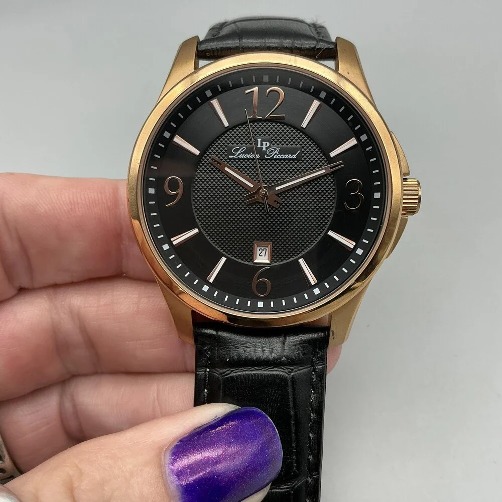 Lucien Piccard Mens Watch 42mm Black Dial Rose Gold Tone Date New Battery